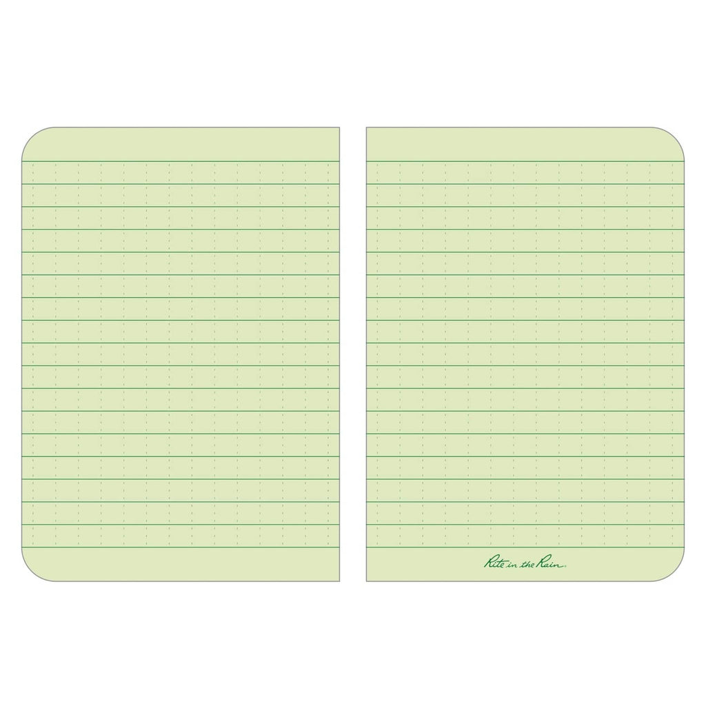 Weatherproof pocket notebook open, light green ruled pages with dotted margin lines