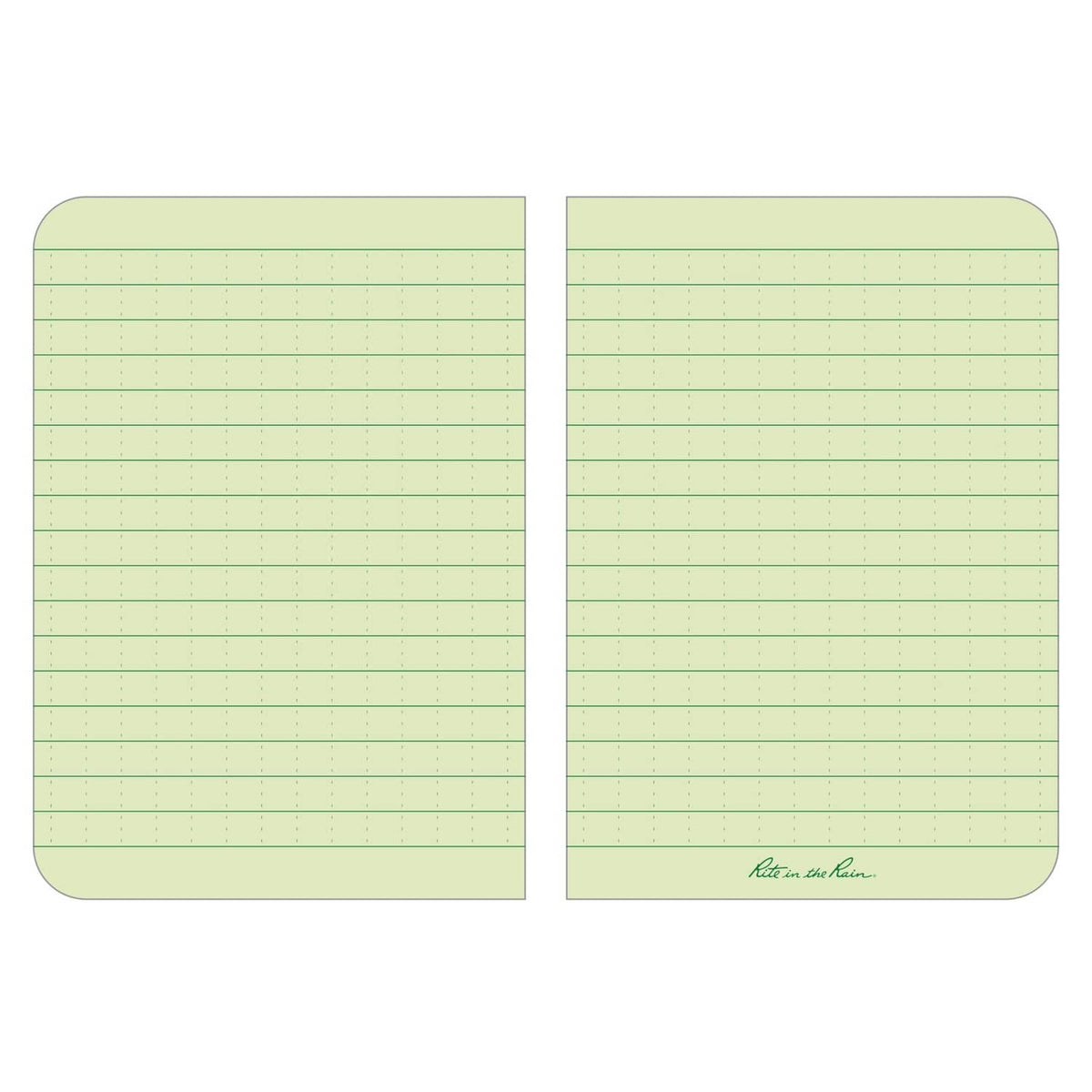 Weatherproof pocket notebook open, light green ruled pages with dotted margin lines