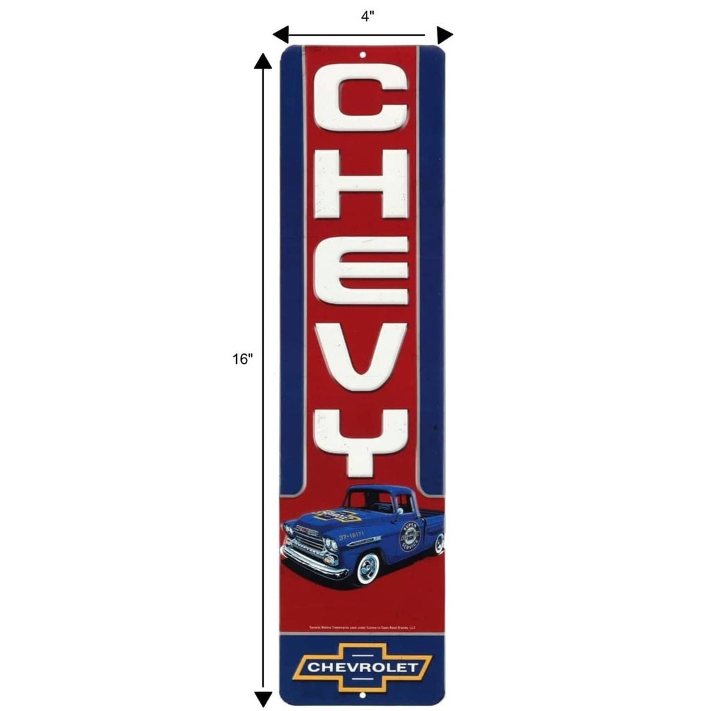 Chevrolet vintage metal wall sign, 4 x 16 in, red CH EV Y lettering and car graphic.