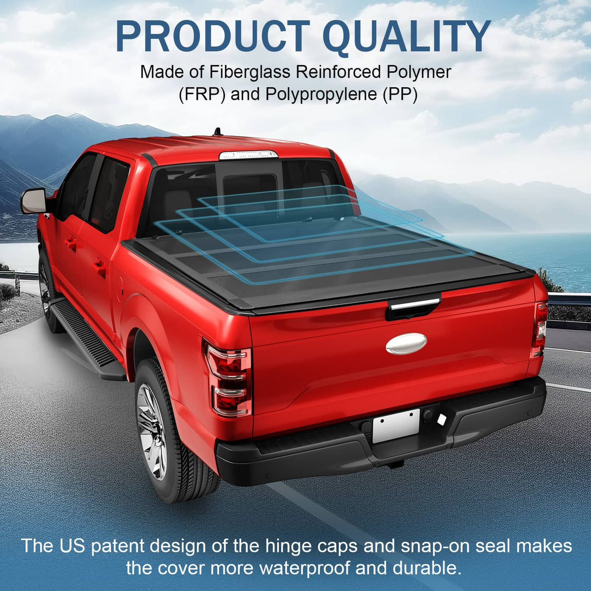Hard tri-fold tonneau cover with black matte lid on a red pickup truck bed