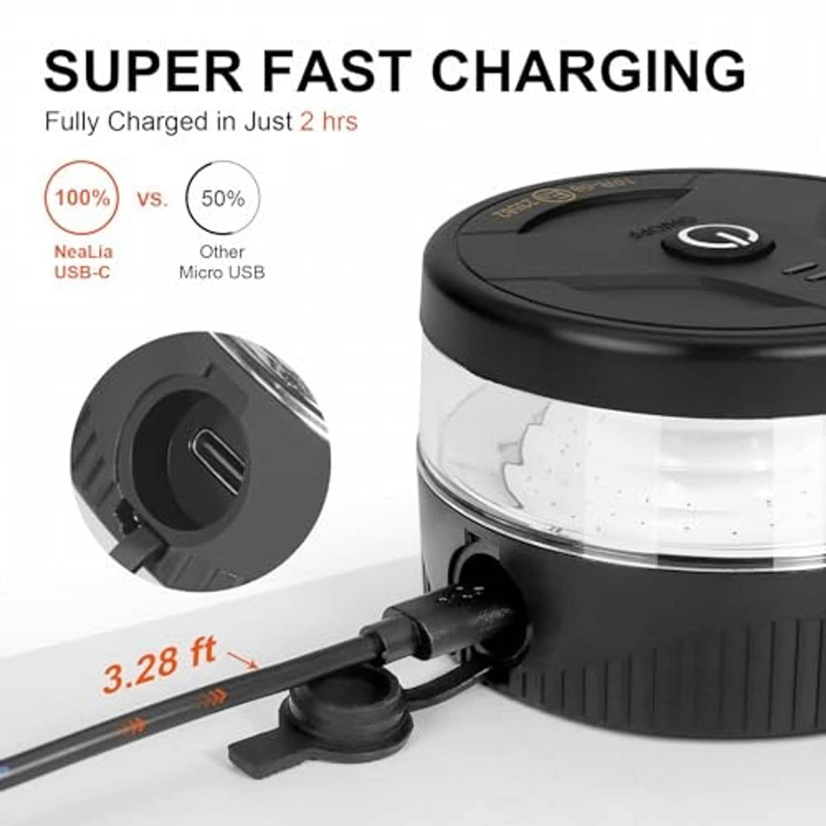 Black USB-C rechargeable beacon light with amber strobe and charging cable