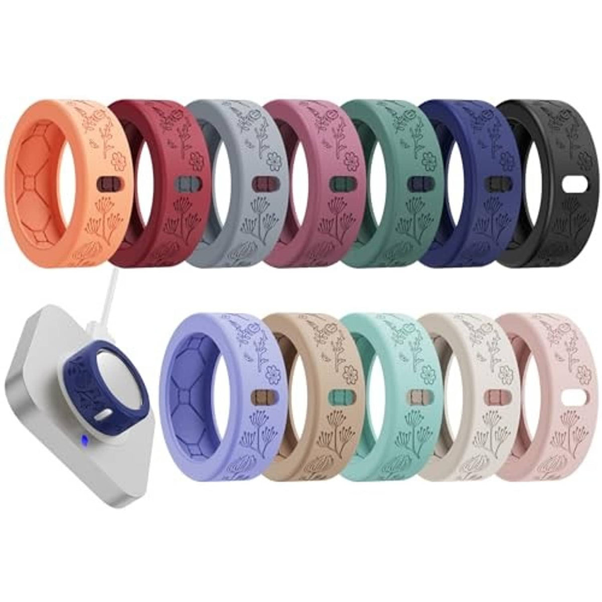 Assorted floral smart ring covers in orange, purple, green, blue, and black