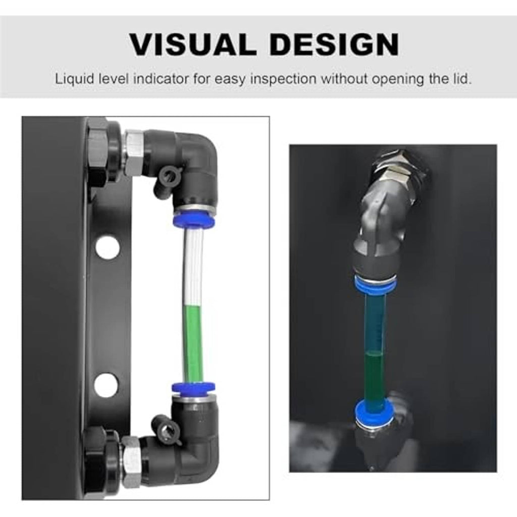 Black coolant overflow tank with visible liquid-level indicator tube and hose fittings