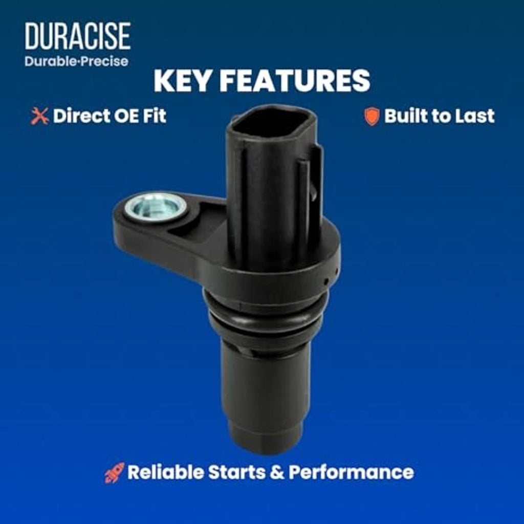 Camshaft position sensor product shot on blue background with key features icons