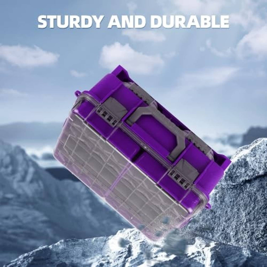 Purple waterproof tackle box with clear hinged lid and sturdy latches; multi-compartment interior