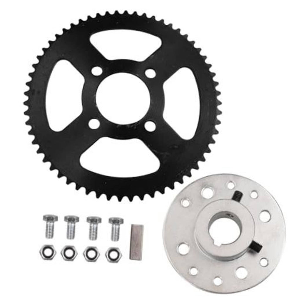 Rear go-kart sprocket set with black toothed wheel and silver 4-bolt hub plate.