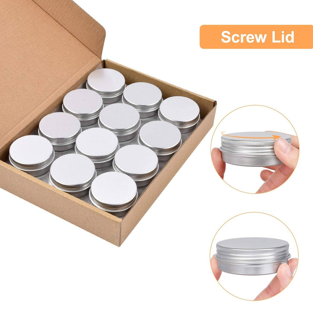 2 oz round aluminum tin cans with screw lids, set in open cardboard tray