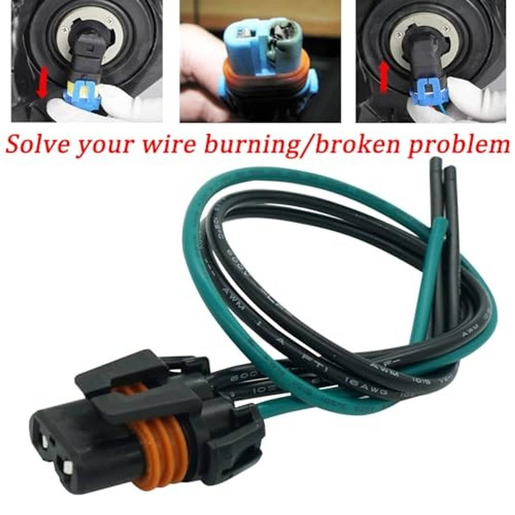 2-pin headlight wiring harness with teal/black wires and orange-sealed connector plug