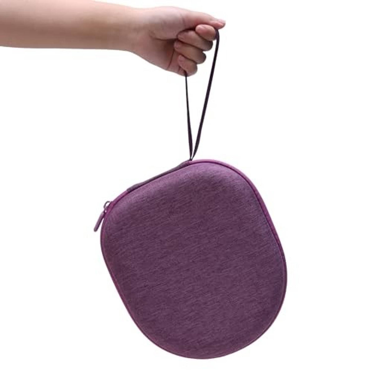Mauve oval headphone case with hanging strap, gripped by hand
