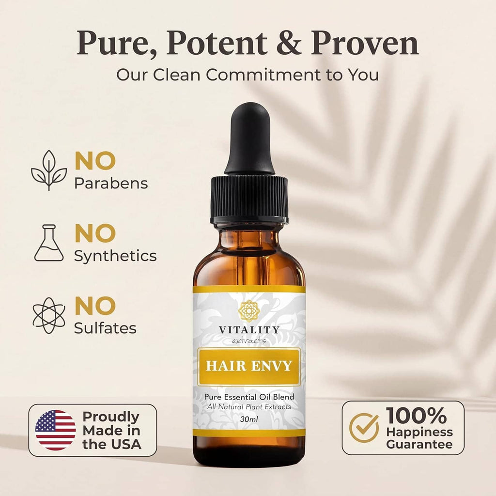 Hair serum bottle with black dropper with clean-commitment badges and icons