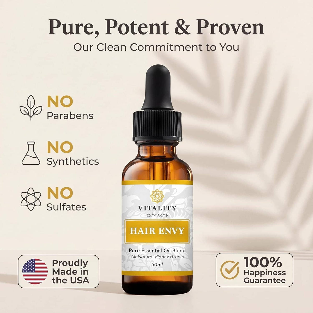 Hair serum bottle with black dropper with clean-commitment badges and icons
