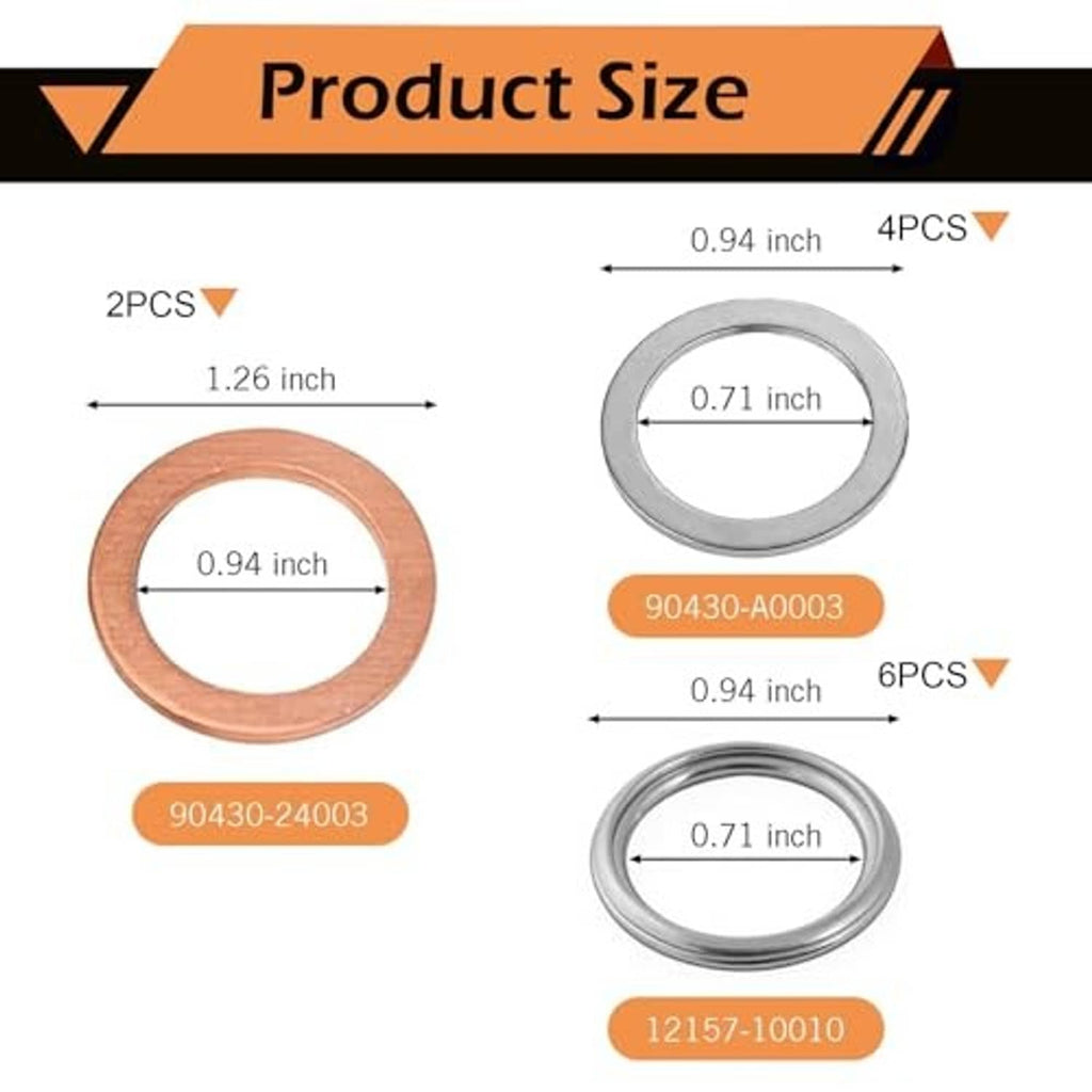 Circular gasket set with copper and silver seals; shown with diameter measurements