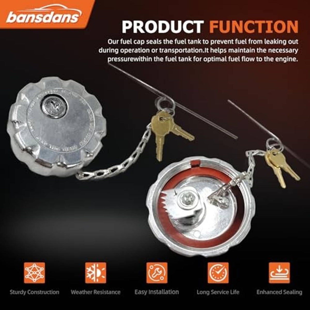Diesel fuel tank cap with chain and keys, plus spare cap with red gasket