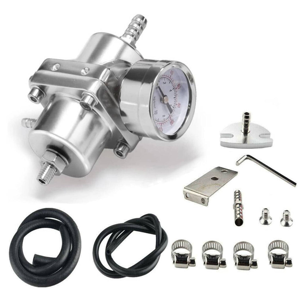 Adjustable fuel pressure regulator kit with 0–140 psi gauge, black hoses, and fittings