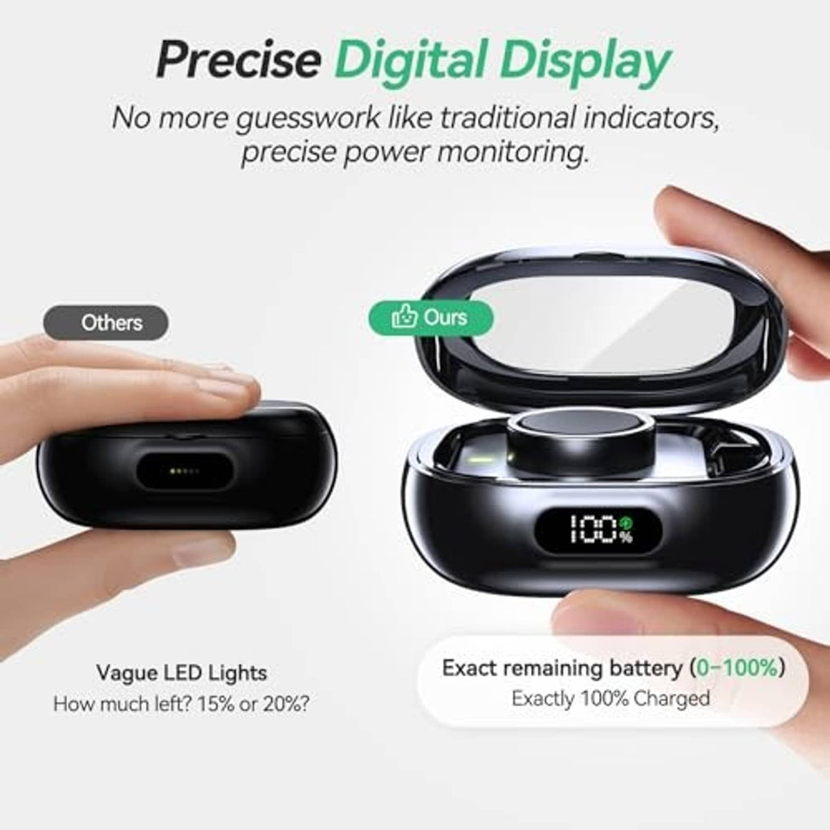 Black charging case with digital 100% display, open lid and charging dock