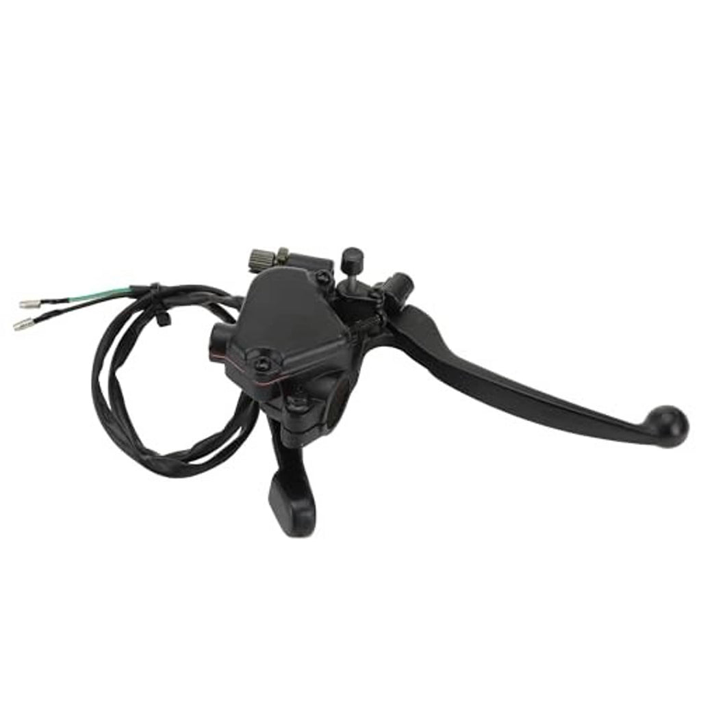 Black thumb throttle assembly with dual brake levers and attached cable wiring.