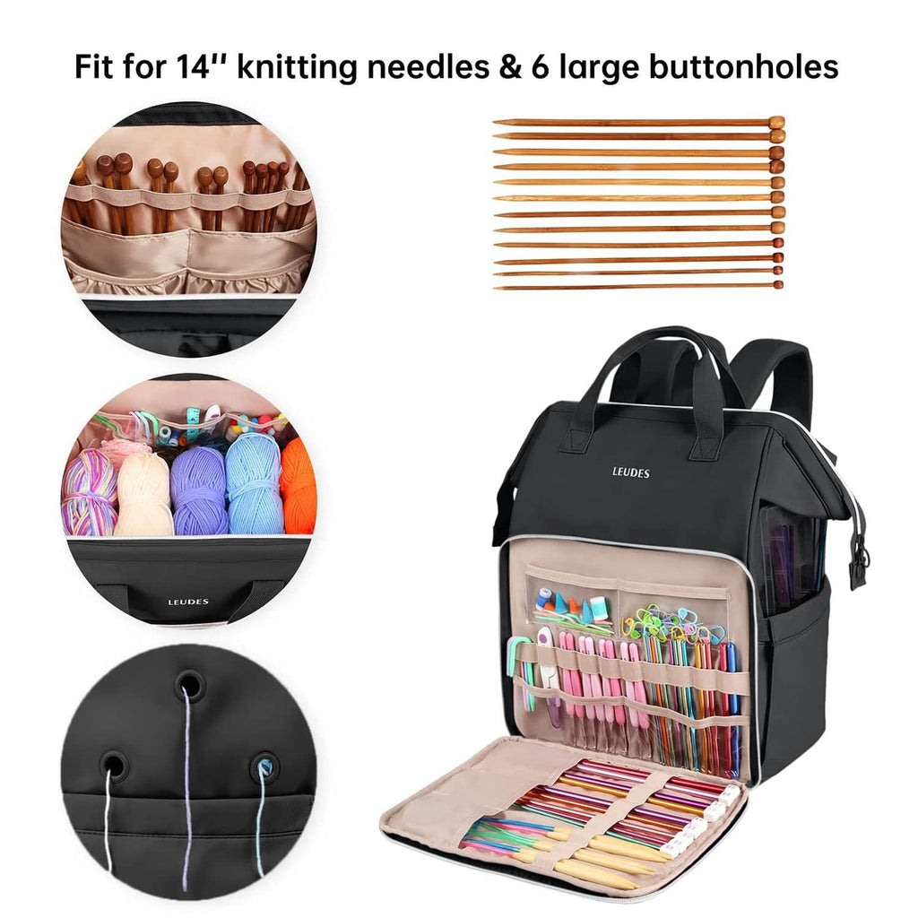 LEUDES black yarn storage backpack with open top and quilted front organizer panel
