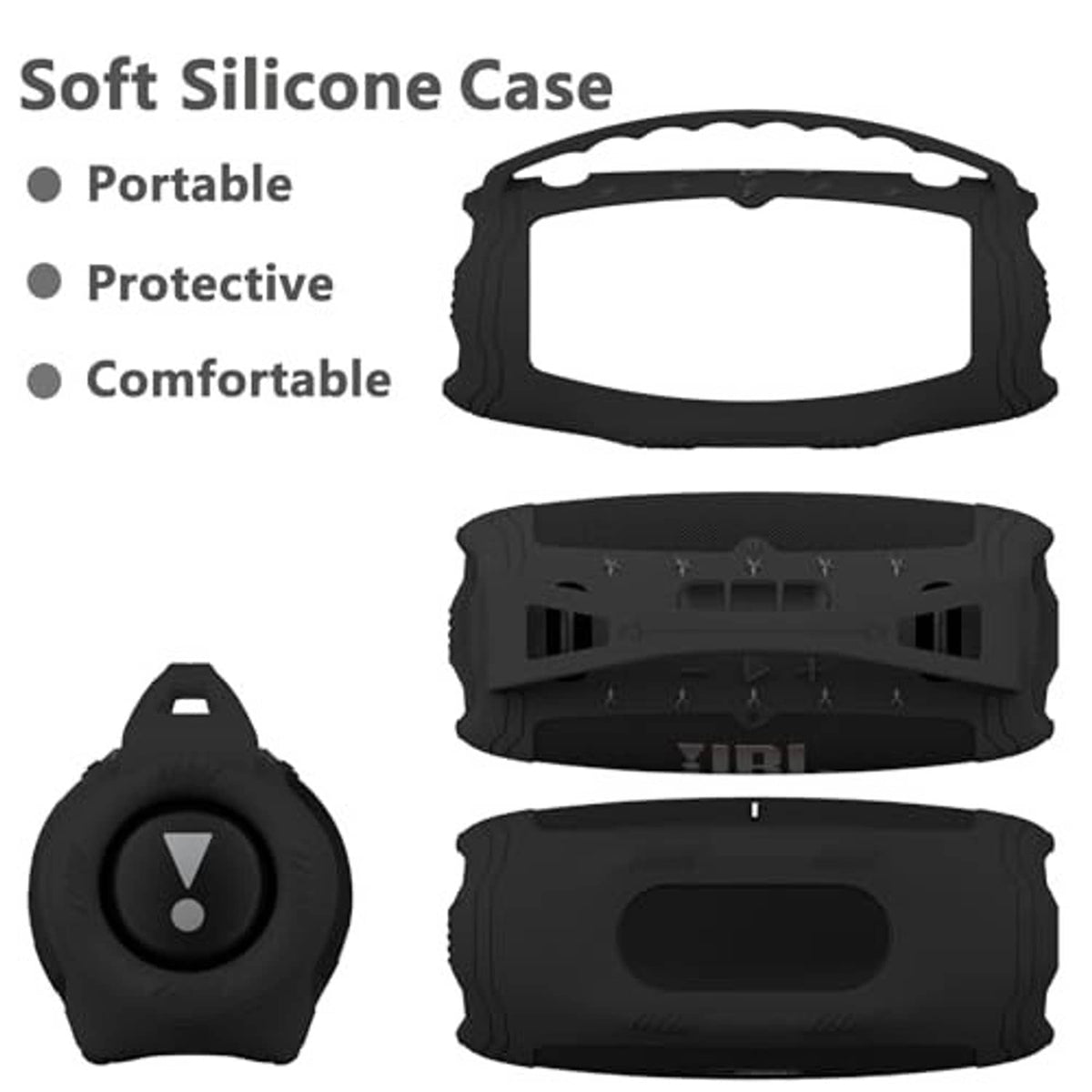 Black silicone speaker case with protective openings and front JBL logo
