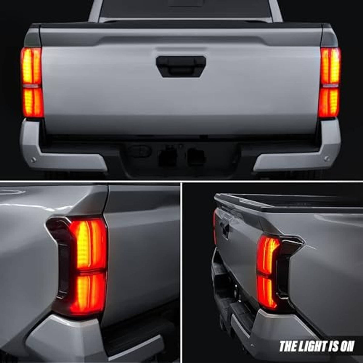 Taillight cover on pickup rear with amber lights on, smoked protective shield