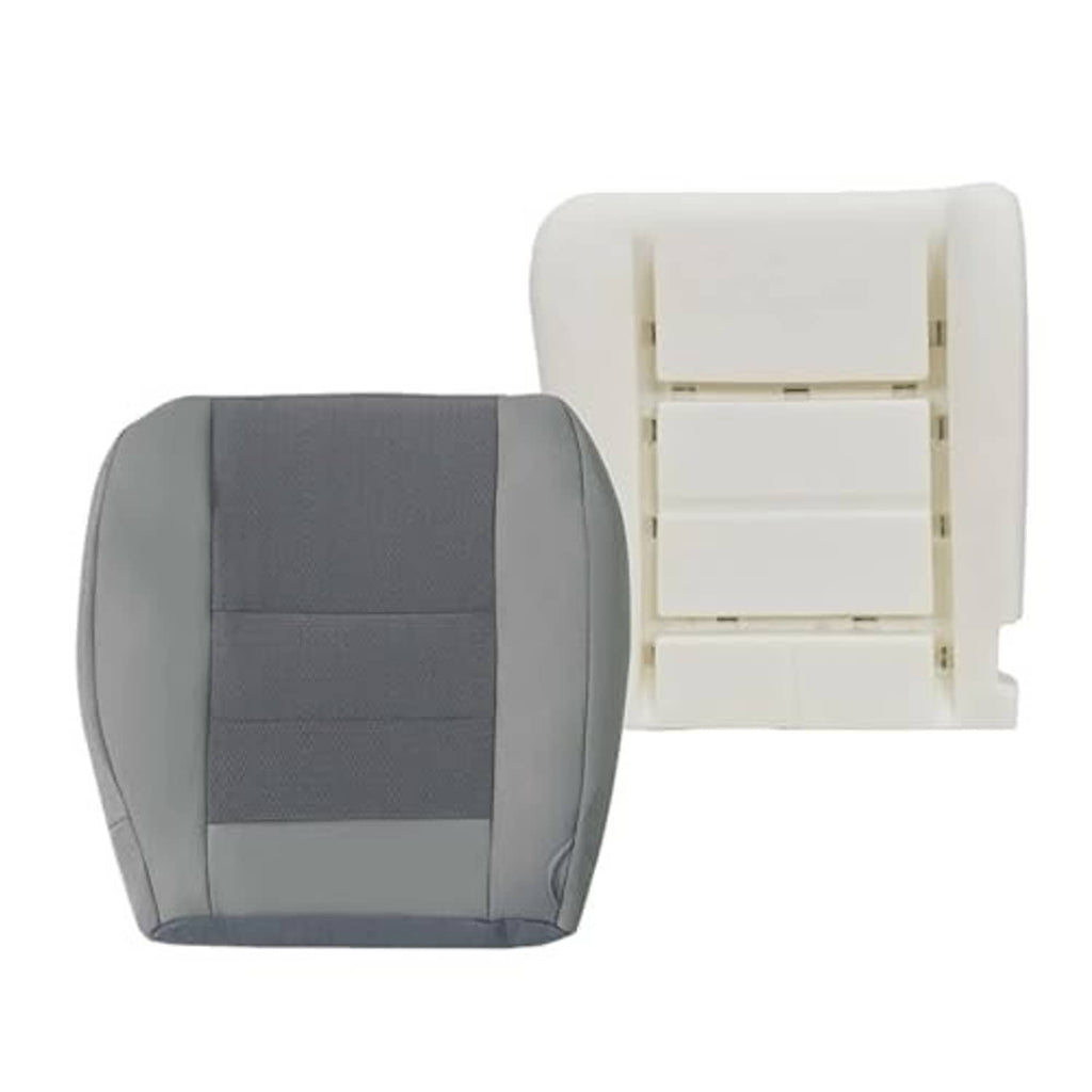 Gray cloth driver seat cover with vertical stitched panels and contoured backrest