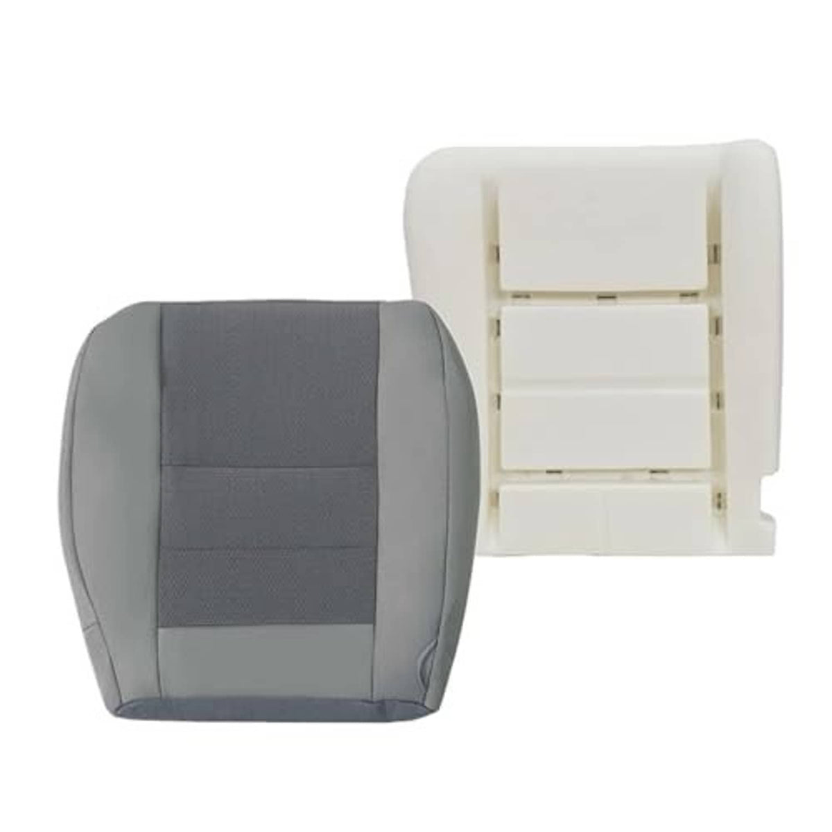 Gray cloth driver seat cover with vertical stitched panels and contoured backrest