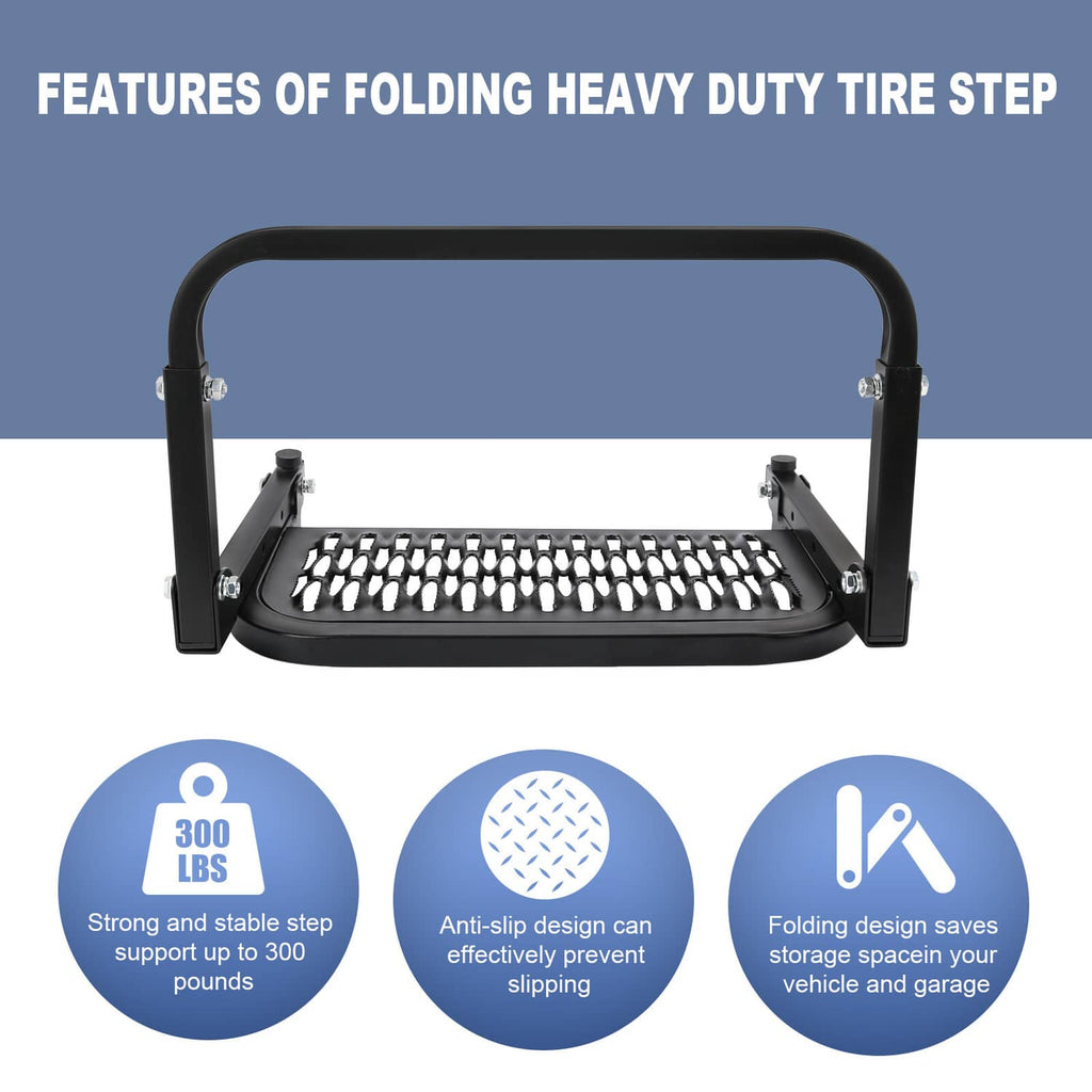 Black folding heavy-duty tire step with ribbed tread platform and end support handles
