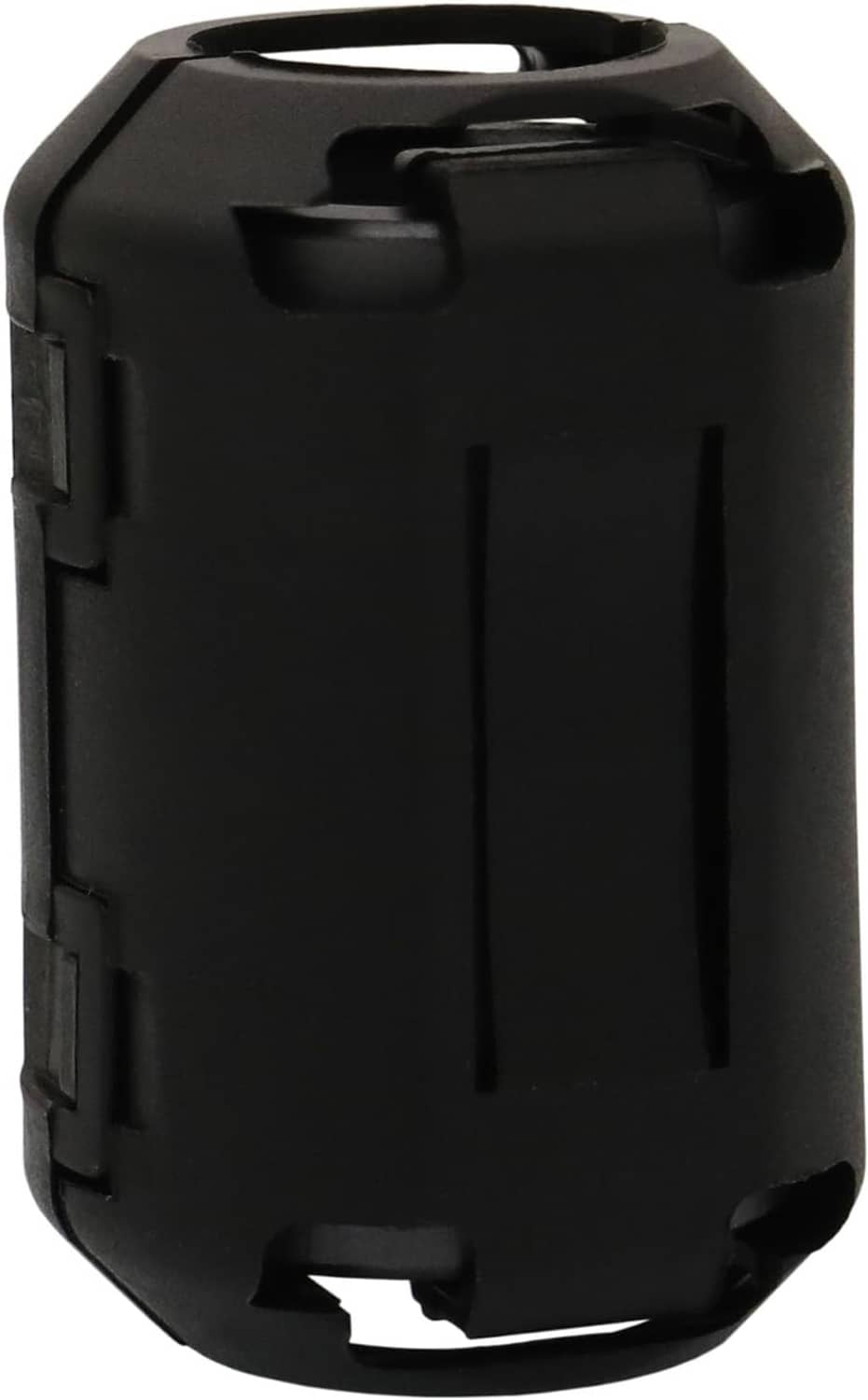Black clip-on ferrite ring core, close-up of molded outer shell and latch