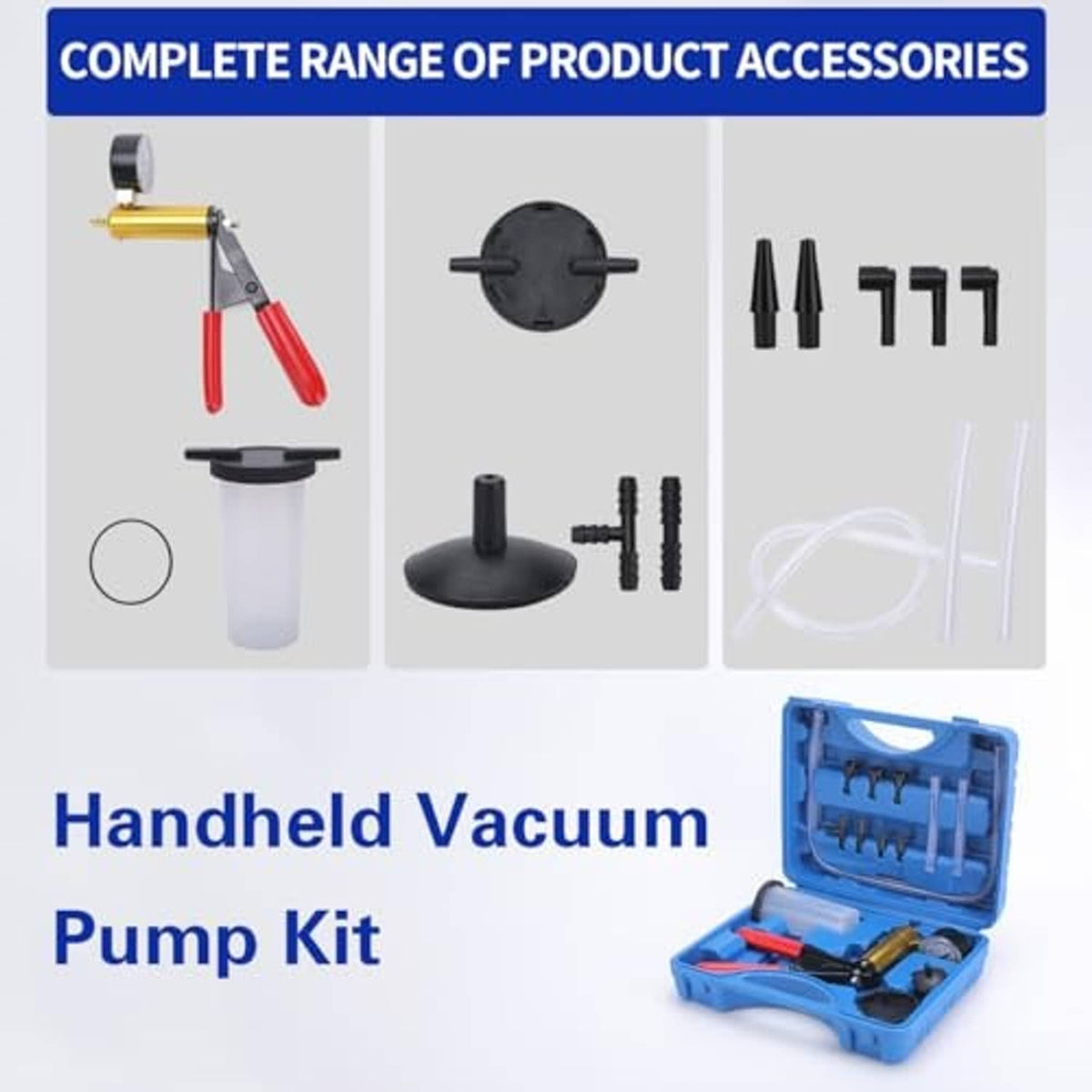 Handheld vacuum pump kit accessories set with nozzle tips, adapters, and tubing