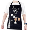 Black chef themed apron with "Let's Cook" print and front pockets