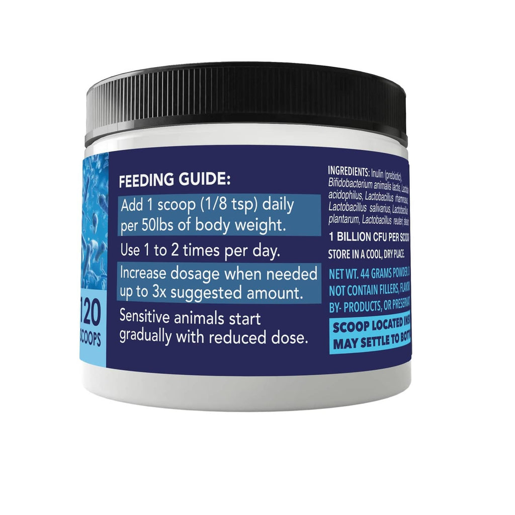 Back label of pet probiotic jar with feeding guide and ingredients text