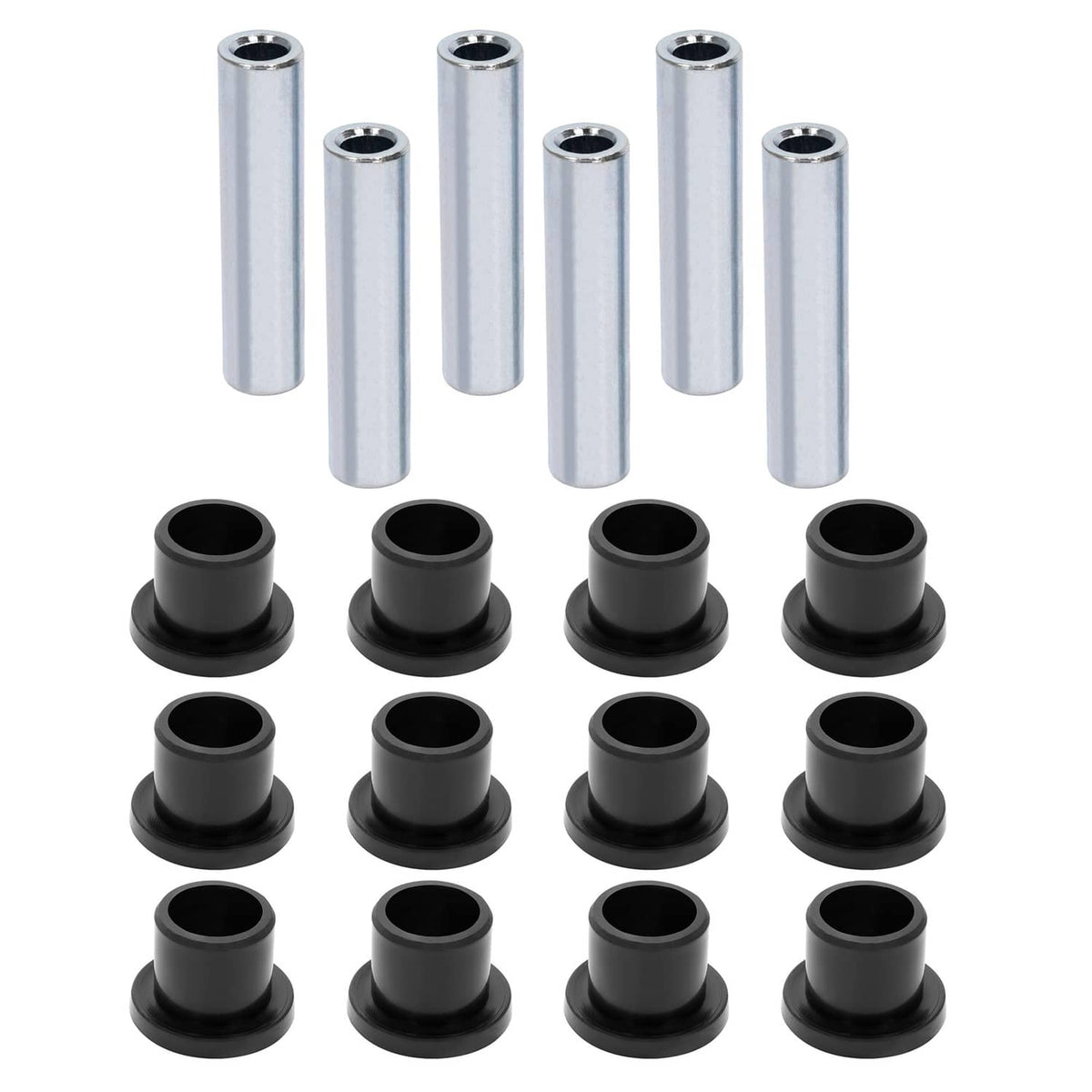 Leaf spring bushing set with black bushings and silver sleeves in a bundle