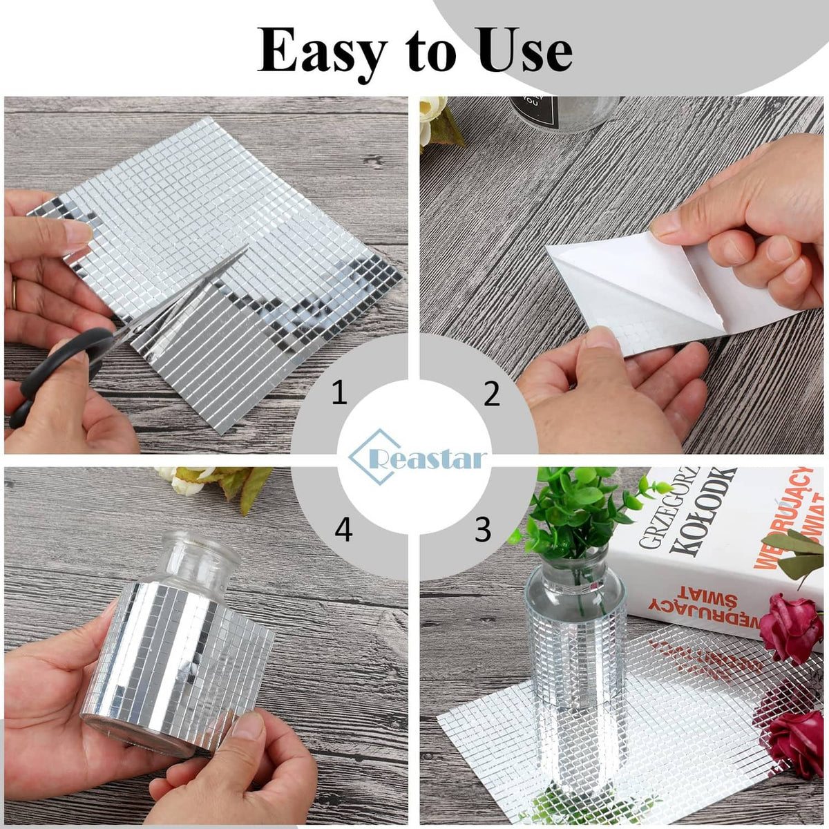 Silver mirror mosaic tile sheet with adhesive backing, easy to peel and apply