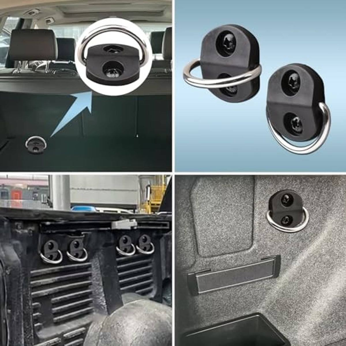 Black D-ring tie-downs with chrome loops installed on truck bed and side panels