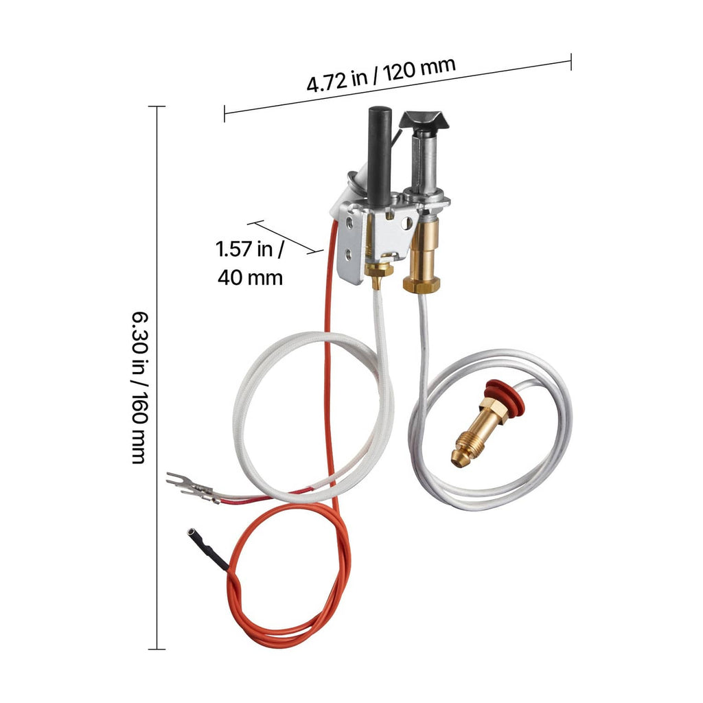 Gas pilot assembly with mounting base, pilot tube, thermopile, and red/white wiring