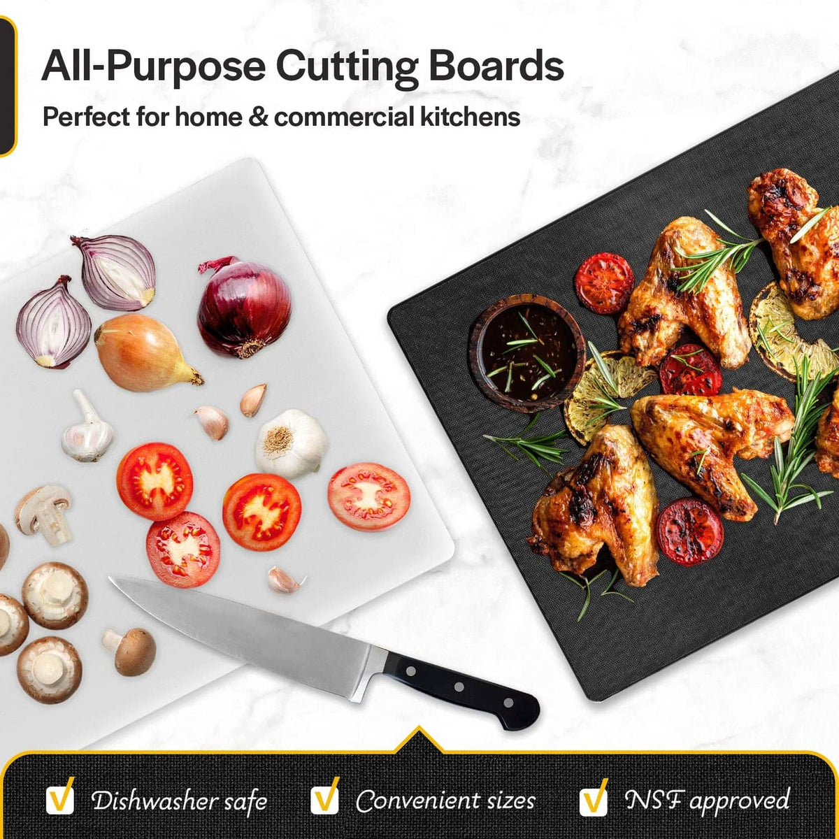 White plastic cutting board with food prep items and chef knife, rectangular