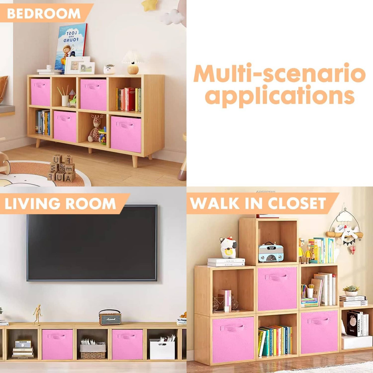 Pink foldable fabric storage cubes with handles shown in room storage setups