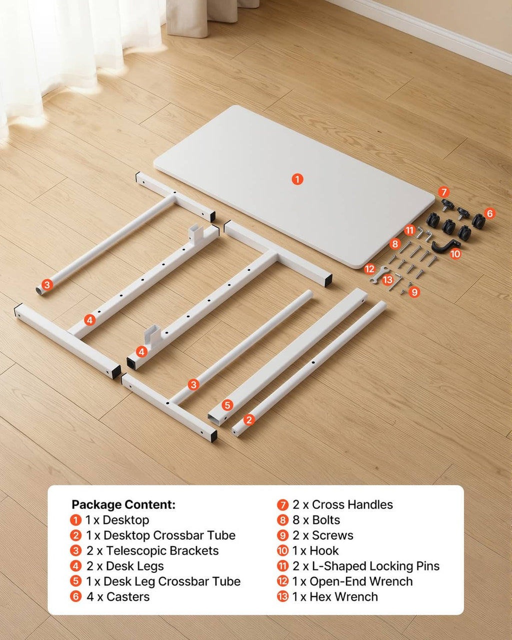 Uimoso standing desk parts kit: cross handles, legs, casters, bolts, screws, and hex wrench