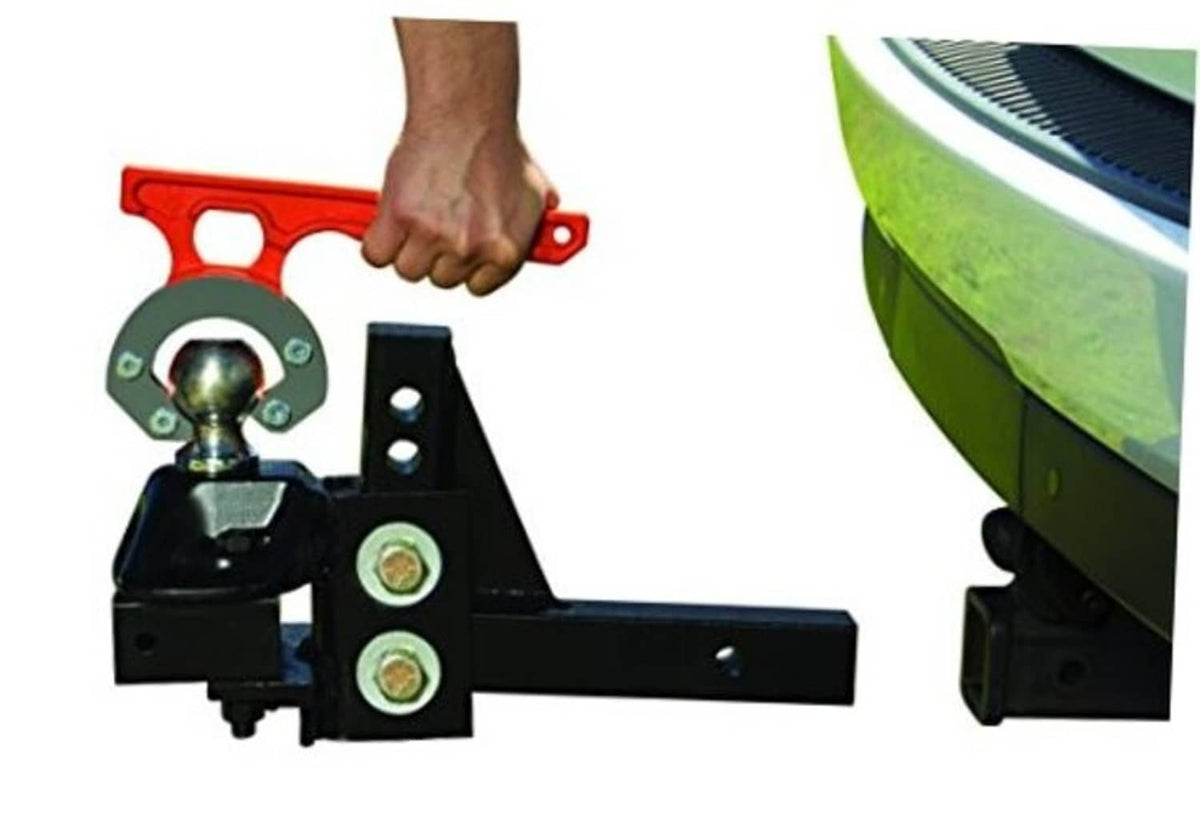 Red hitch ball mount carrier with steel ball and black base, for trailer hitches