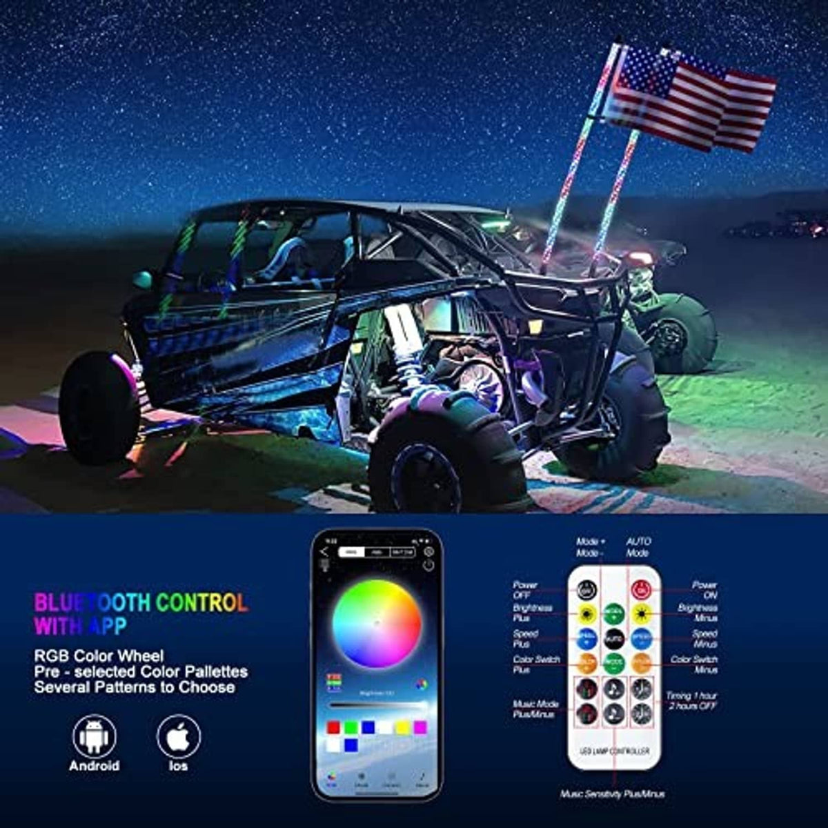 RGB LED whip lights on a UTV with remote app controller display