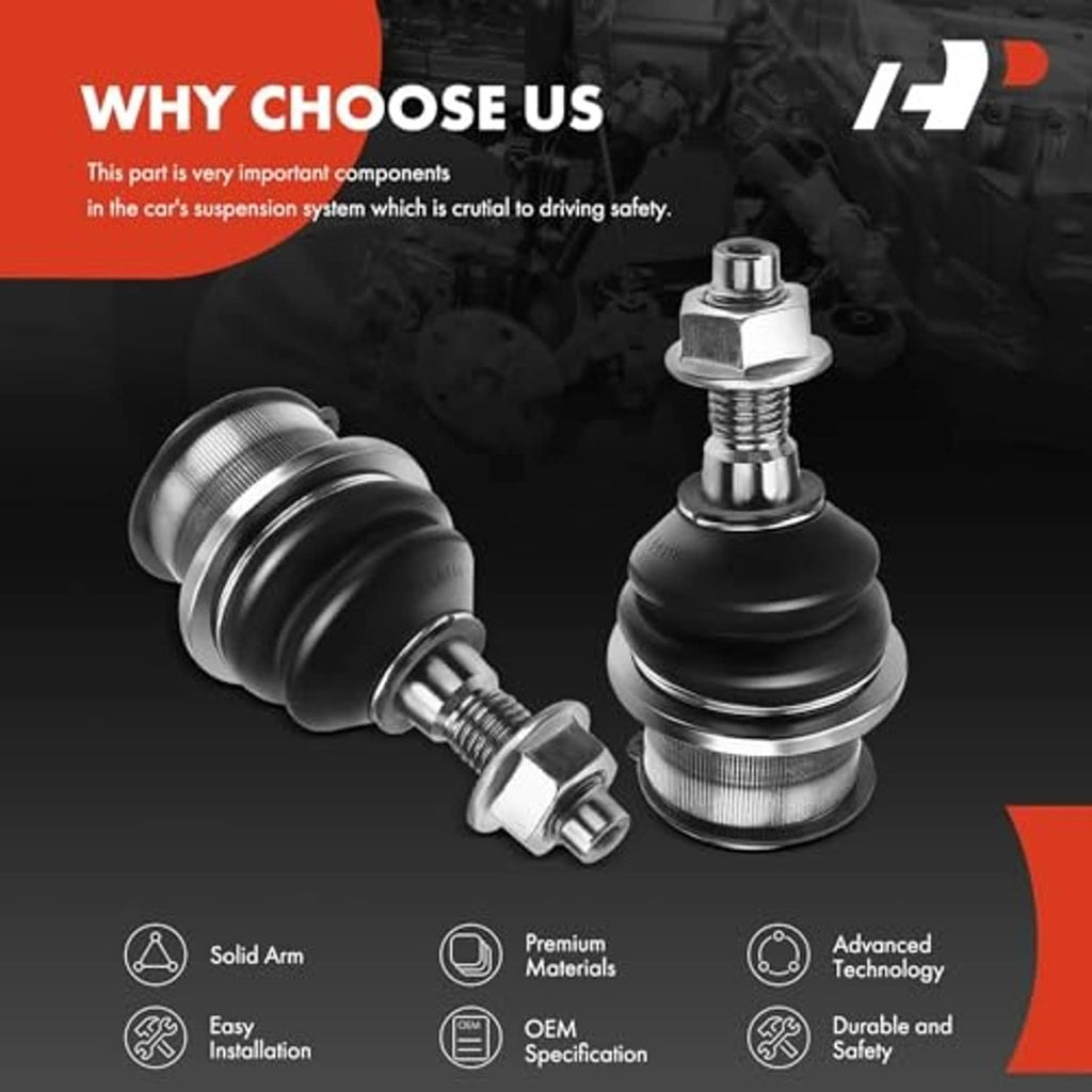 Front lower ball joint pair with black boots, chrome studs, and bolts
