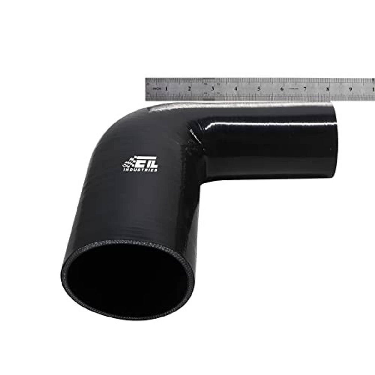 Black 90° silicone reducer hose elbow, measured length with ruler