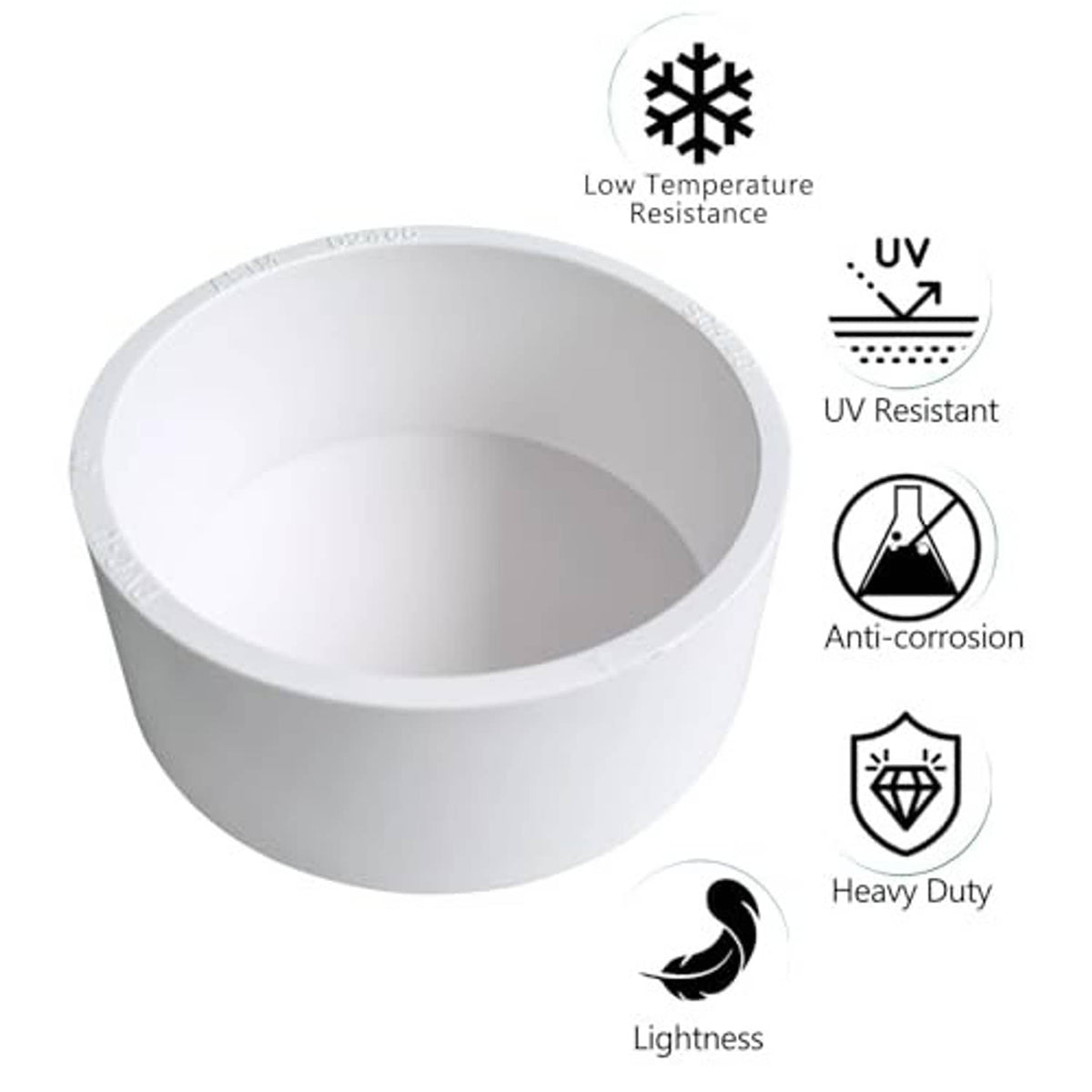 White PVC pipe end cap fitting, smooth round cap with open interior