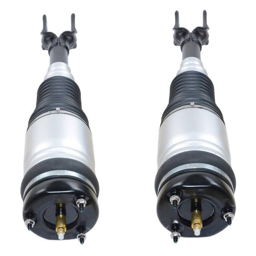 Pair of air suspension struts, silver cylinders with black bellows and mounting caps