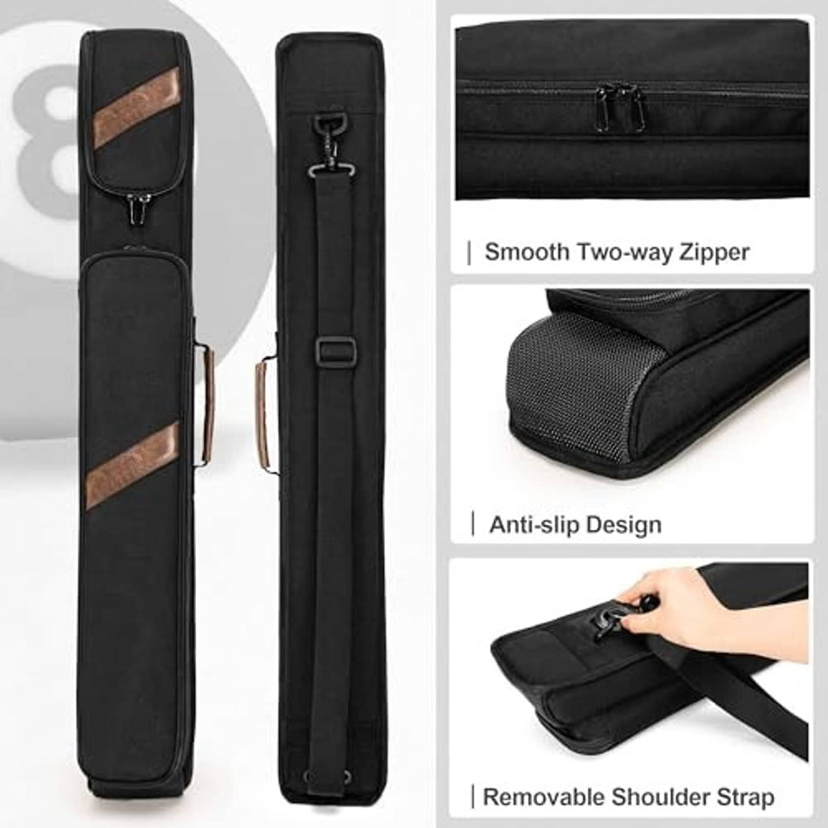Black pool cue case with smooth two-way zipper and removable shoulder strap