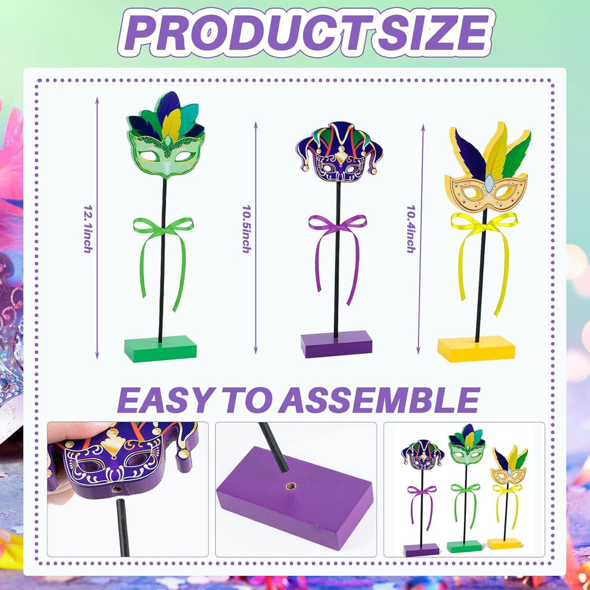 Mardi Gras centerpiece set diagram with three mask toppers on sticks and colored bases