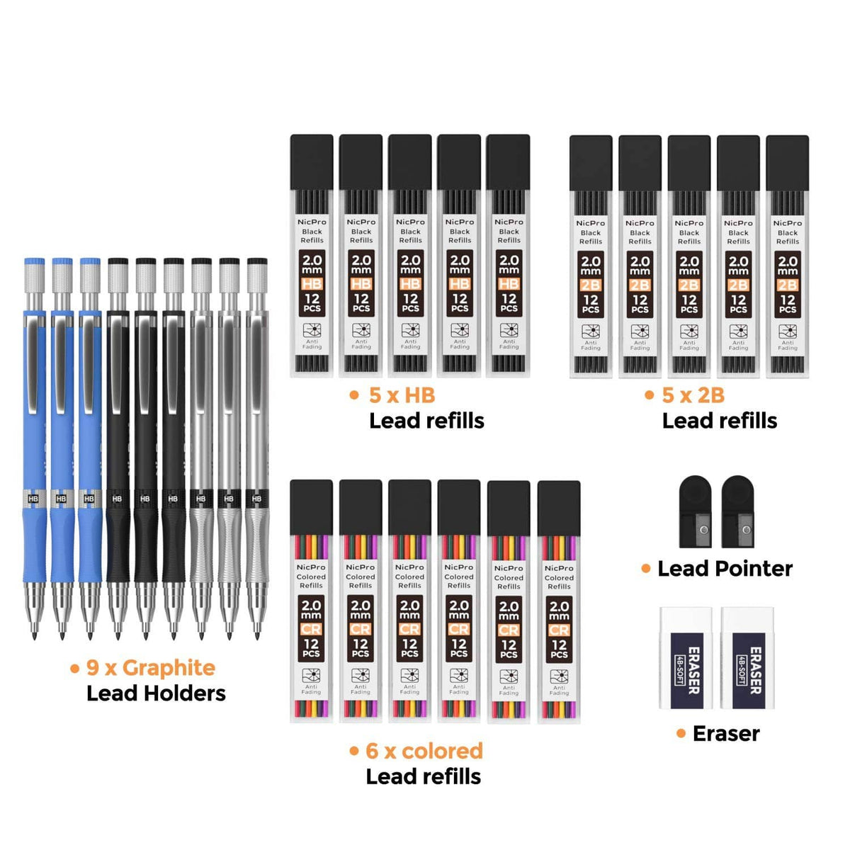 Mechanical pencil kit showing graphite lead holders, colored refills, and eraser pieces