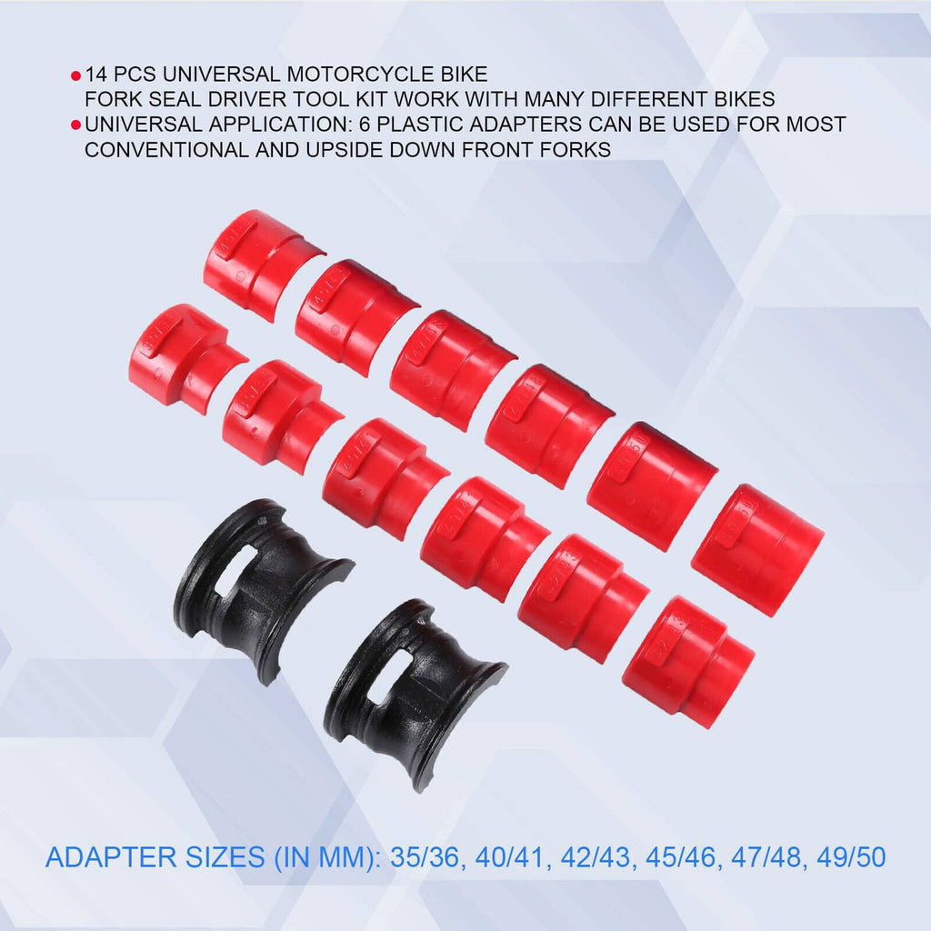 Fork seal installer adapter set with red pieces and two black mounting drivers