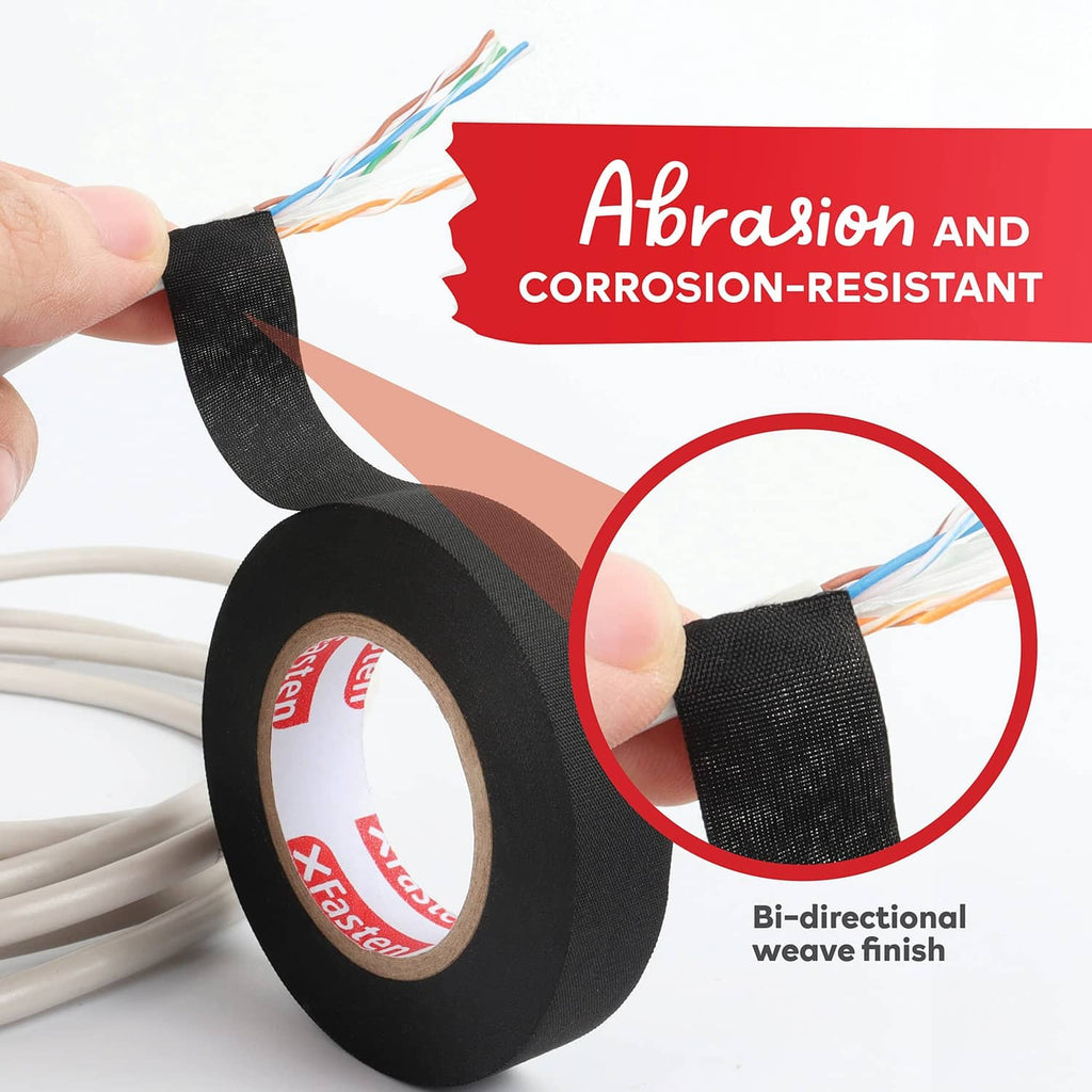 Black wire harness tape strip with bi-directional weave finish on bundled wires