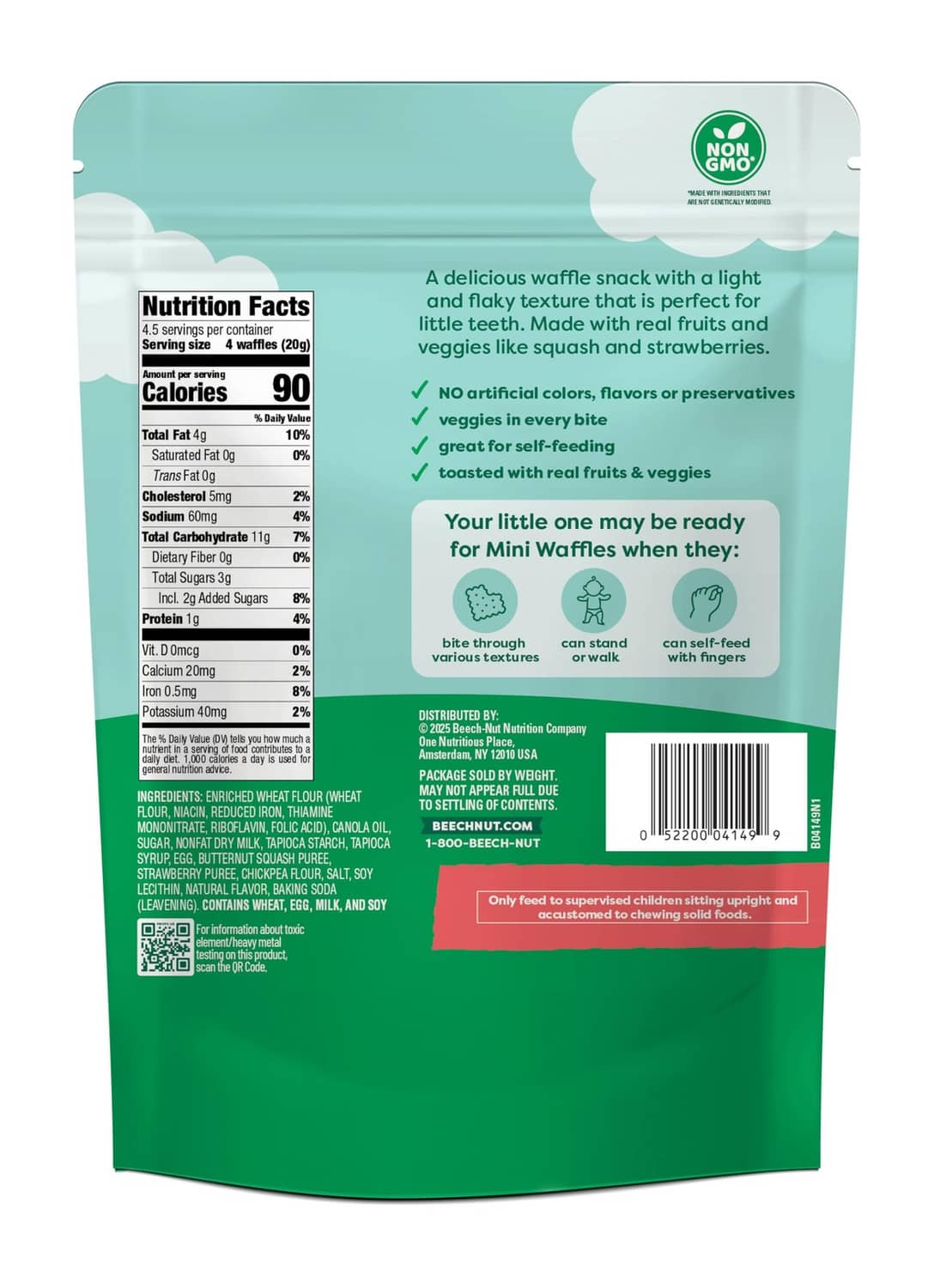 Mini waffle snack pouch back panel with Nutrition Facts and ingredient list.