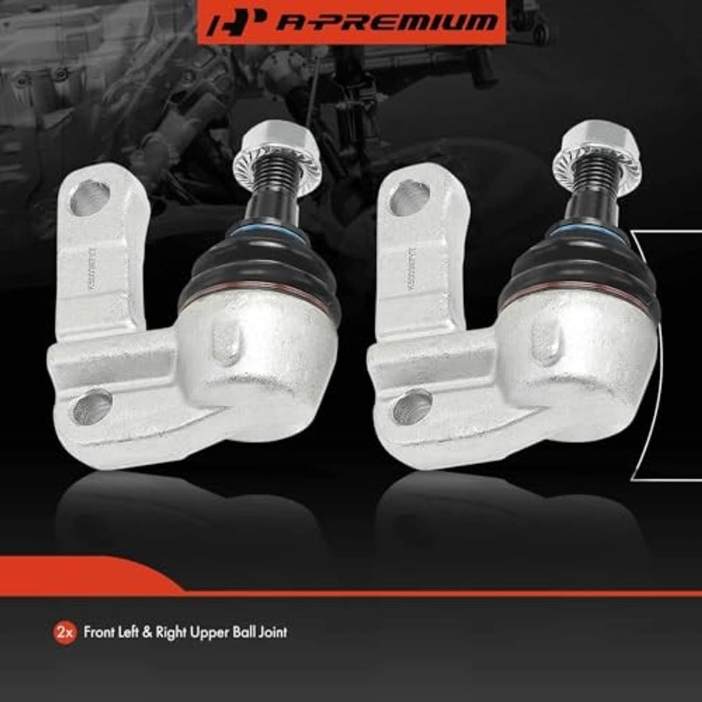 Front upper ball joint pair with silver arms and black boots, OEM-style shape